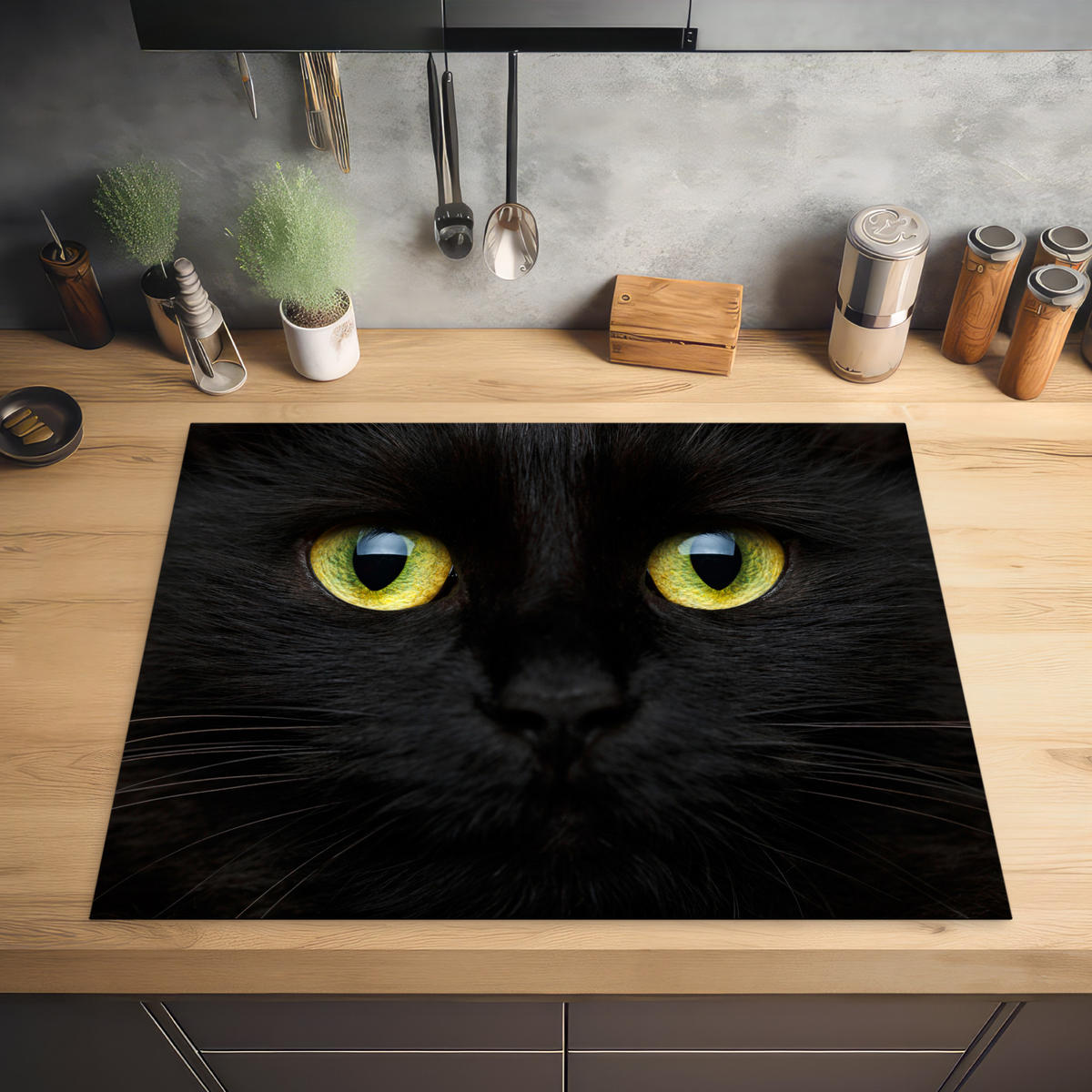 HERDABDECKPLATTE Katze - Augen - Gelb - Schwarz Induktionsmatte 77x59 cm - Schwarz, Kunststoff (77/59/0.2cm) - MuchoWow