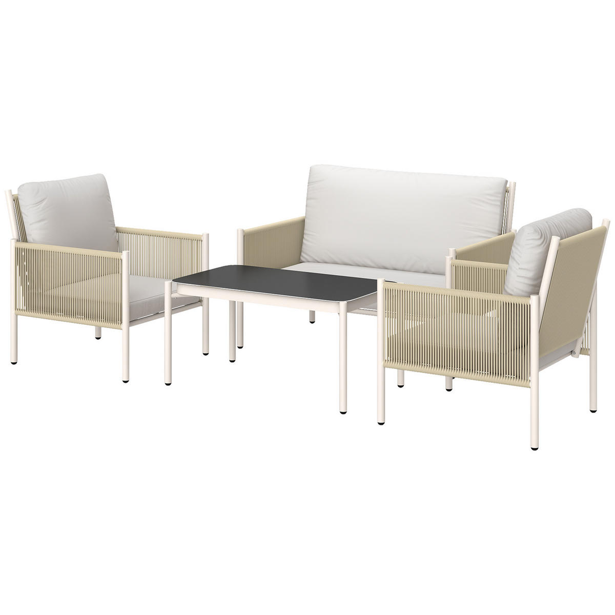 GARTENMÖBEL LOUNGE-SET DE-06736 4-teilig, mit Glastisch Braun/Grau - Hellgrau, Kunststoff/Metall - ComfortXL