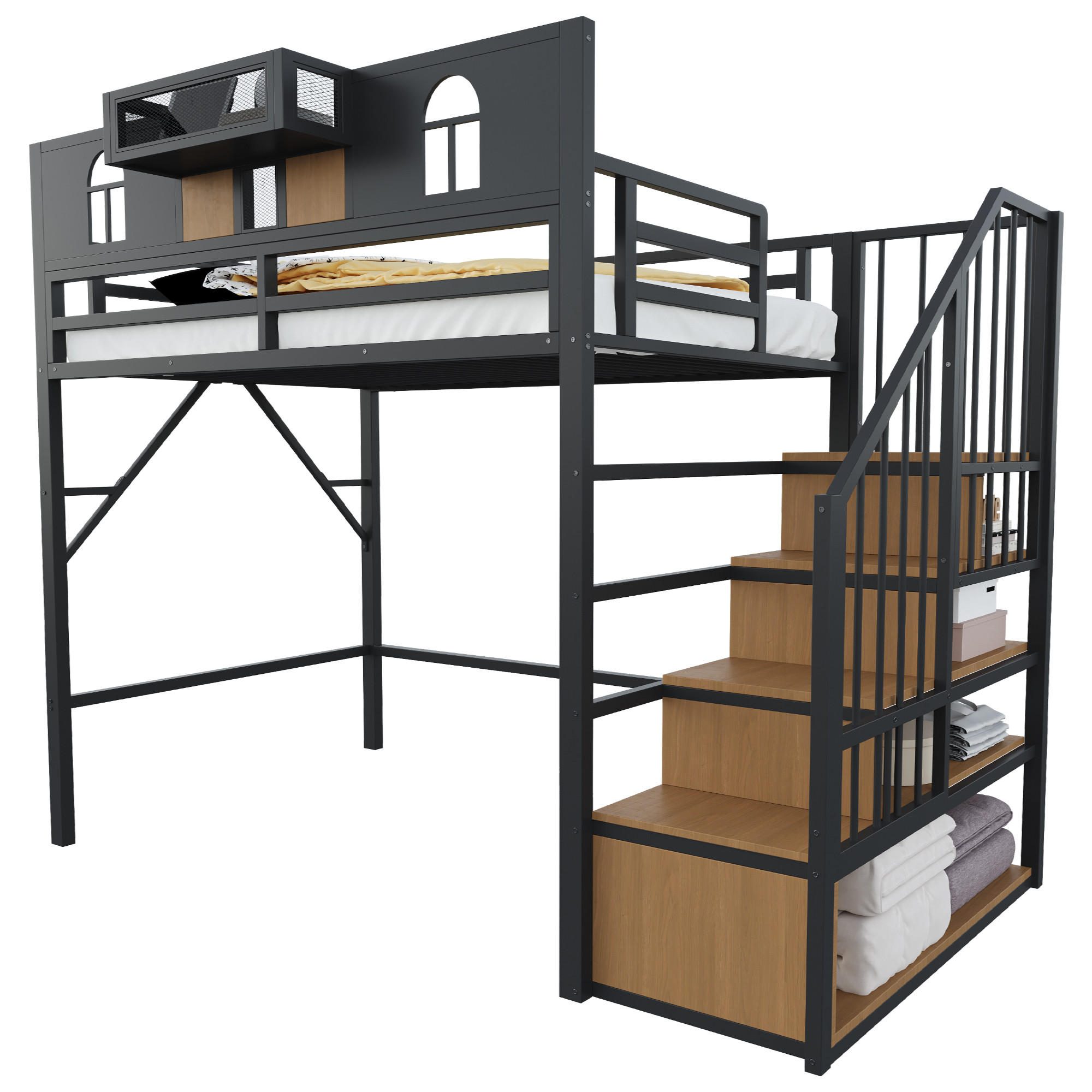 HOCHBETT 90/200 cm in Schwarz mit Ablagefach, Stauraumleiter und Lichtleiste aus Metall und MDF - Schwarz, Metall (90/200cm) - STILVORA