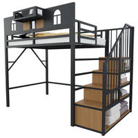HOCHBETT 90/200 cm in Schwarz mit Ablagefach, Stauraumleiter und Lichtleiste aus Metall und MDF - Schwarz, Metall (90/200cm) - STILVORA