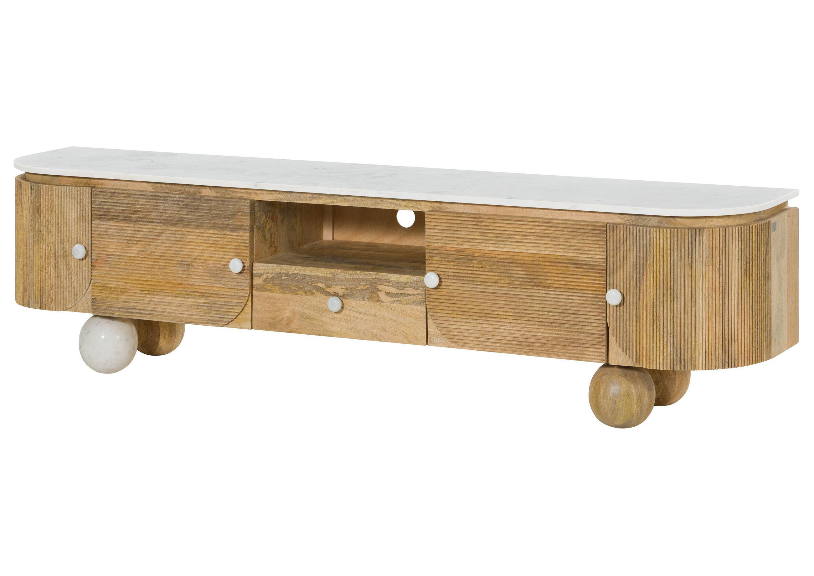 TV-BOARD Mango 200x40x50 natur lackiert / Marmor weiß FLORENZ #101 - Naturfarben, Holz (200/50/40cm) - Massivmoebel24