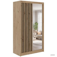 SCHWEBETÜRENSCHRANK mit Spiegel LAOS - 120 - Eiche Artisan - Schwarz Lamellen - Alufarben/Schwarz, Holzwerkstoff/Metall (120/216/61cm) - MKS