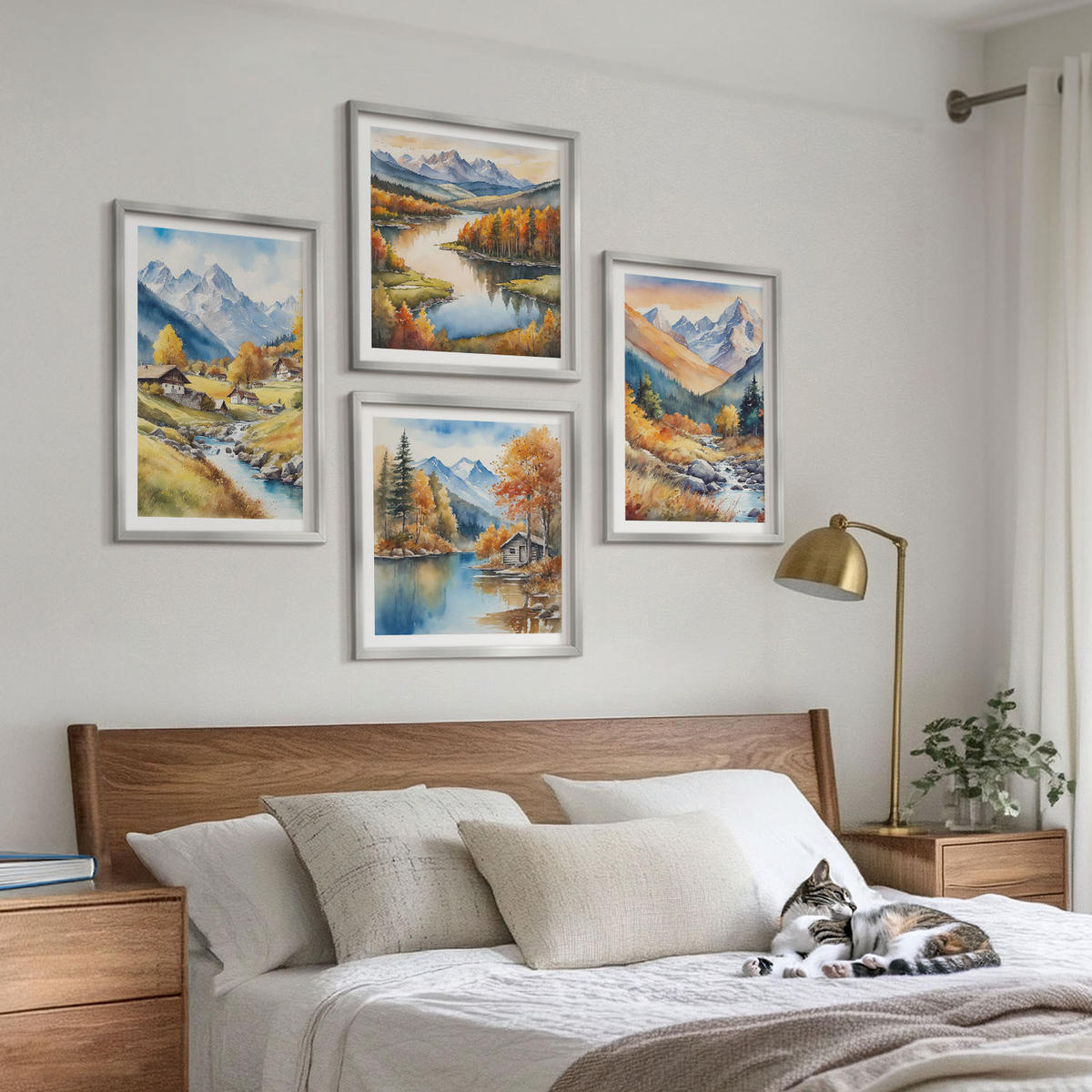 WANDBILDER 4er Set - 50x50 cm & 40x60 cm Silberner Rahmen - Herbstliche Naturlandschaften - Silberfarben, Kunststoff (50/50cm) - ArtPrintCave