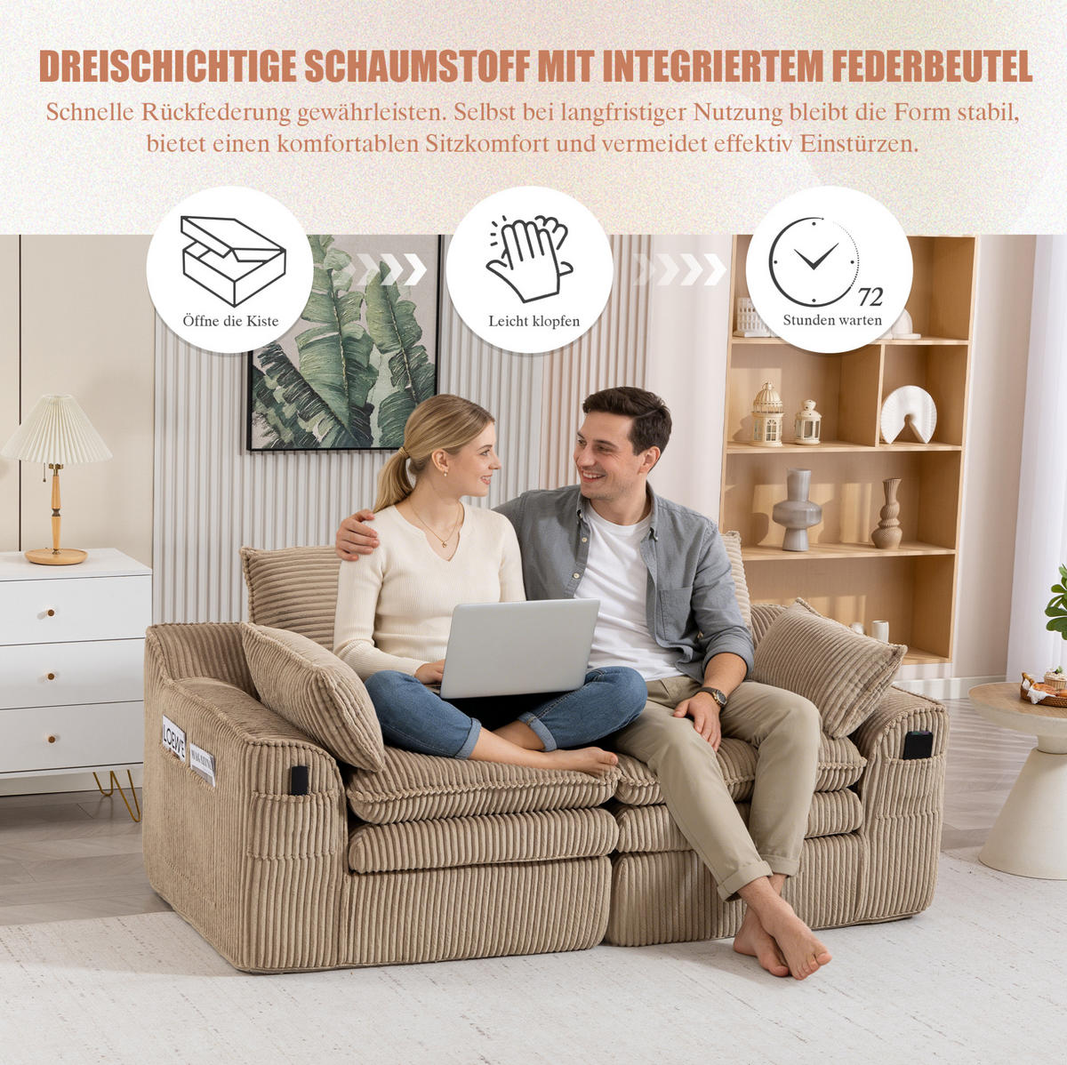 2-SITZER-SOFA aus Cord 191x94x85 cm Khaki mit Seitentaschen, Kissen und Federkern für hohen Sitzkomfort - Beige, Textil (191/85/94cm) - Modfu