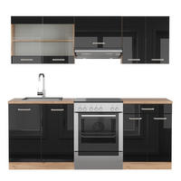 KÜCHE R-Line Schwarz Hochglanz/Goldkraft Eiche 200 cm ohne AP - Honigeiche/Schwarz Hochglanz, Holzwerkstoff (200/81.6/46cm) - Vicco
