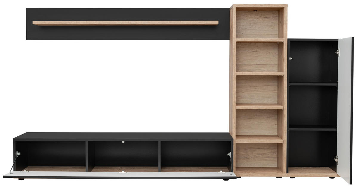 WOHNWAND schwarz, Ribbeck Eiche 240 cm, Schrankwand mit Push-to-Open - Eichefarben/Schwarz, Holzwerkstoff/Kunststoff (240/129/40cm) - Furn.Design