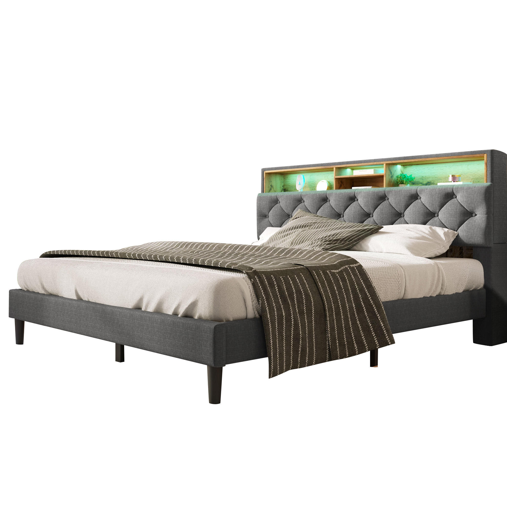 POLSTERBETT 140/200 cm Grau aus Massivholz mit Stauraum-Kopfteil und LED-Beleuchtung - Grau, Holz (140/200cm) - OKMYHOME