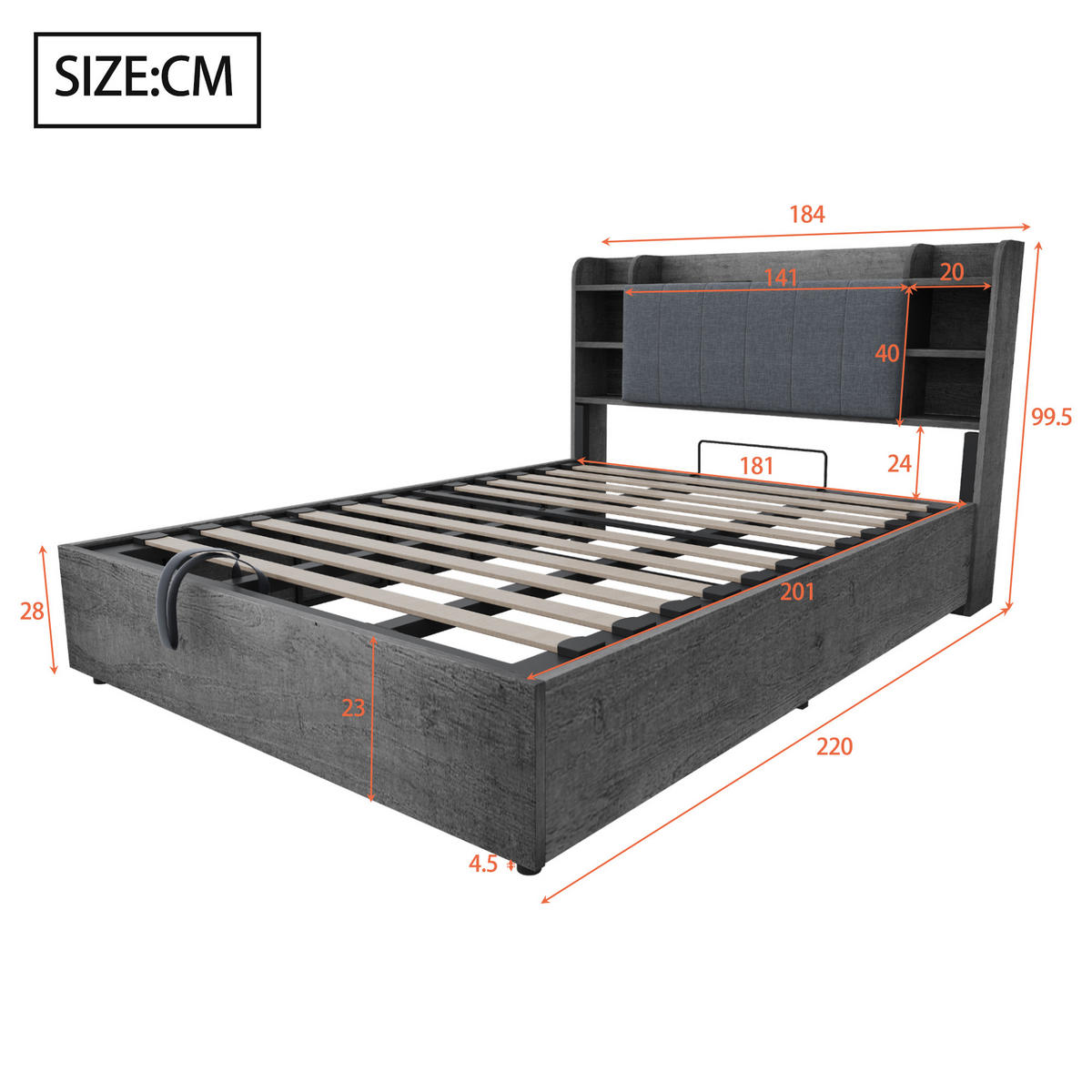 POLSTERBETT 180/200 cm Grau mit Stauraum, Ausgestattet mit USB und Tape-C-Steckdose - Grau, Holz (180/200cm) - Oxeza