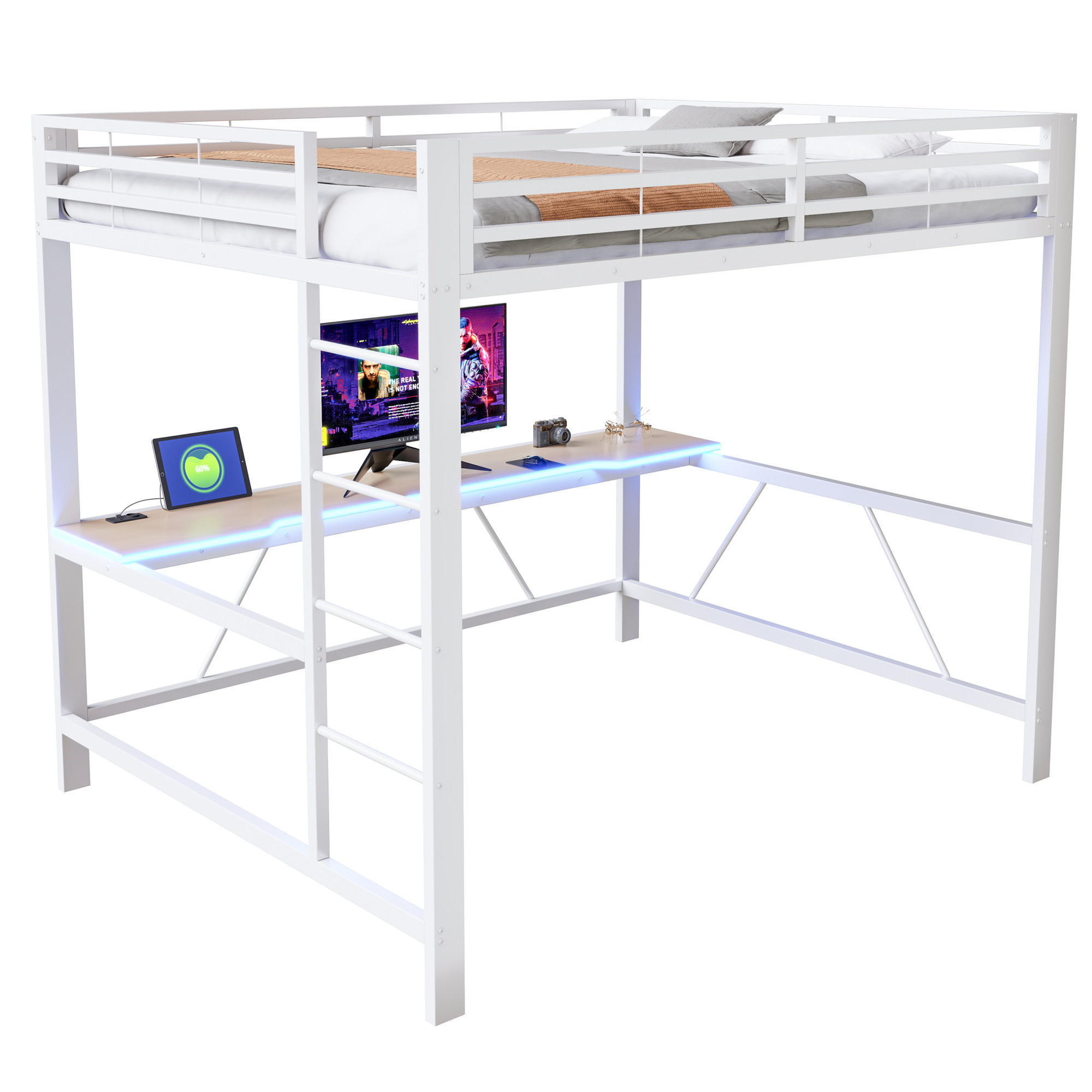 HOCHBETT 160/200 cm in Weiß mit LED, USB und Schreibtisch - Weiß, Metall (160/200cm) - CHICFURN