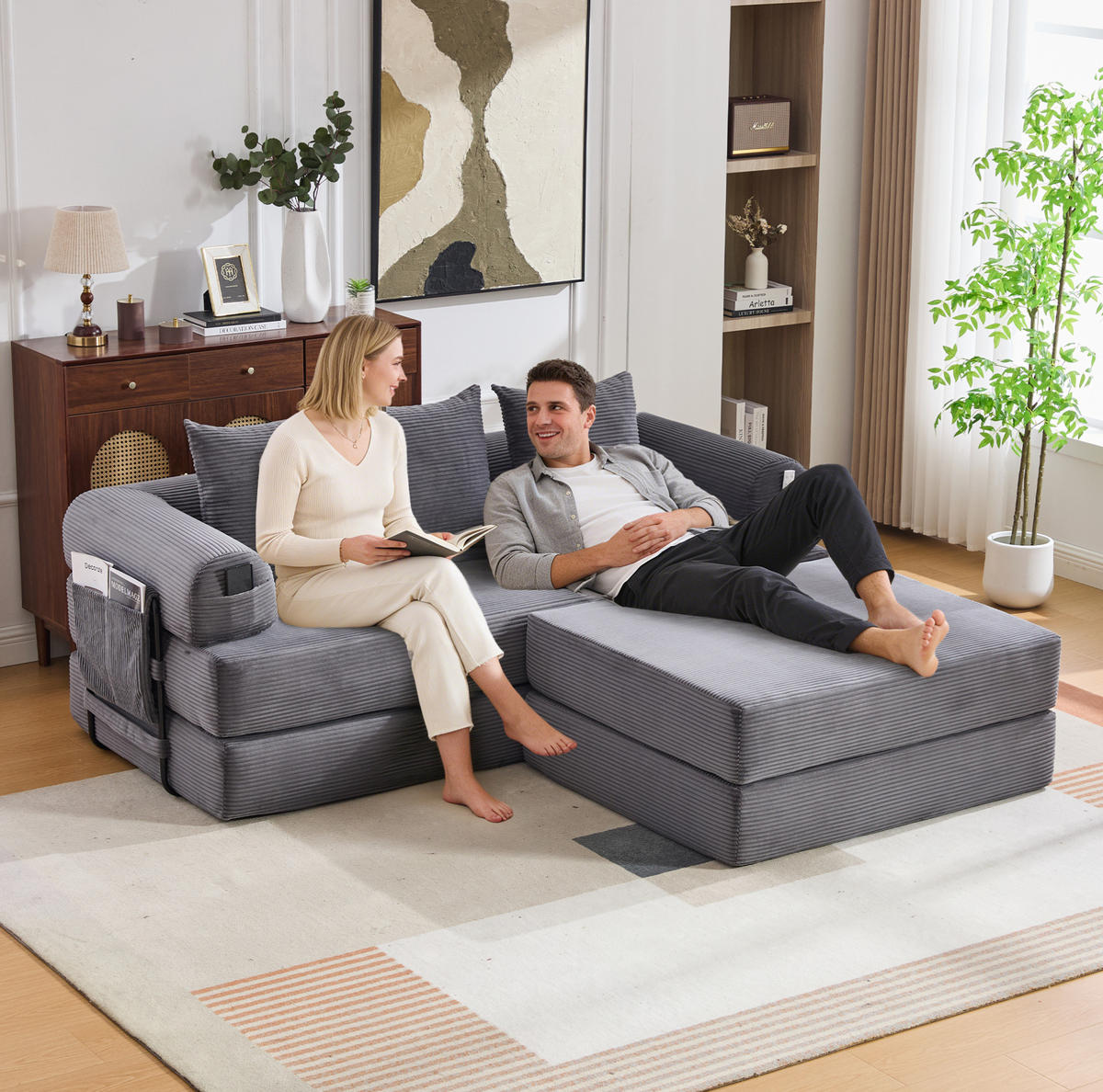 ECKSOFA aus Cord 200x190x67 cm Dunkelgrau mit Hocker, Seitentasche und 3 Kissen - Dunkelgrau, Textil (200/190cm) - Modfu