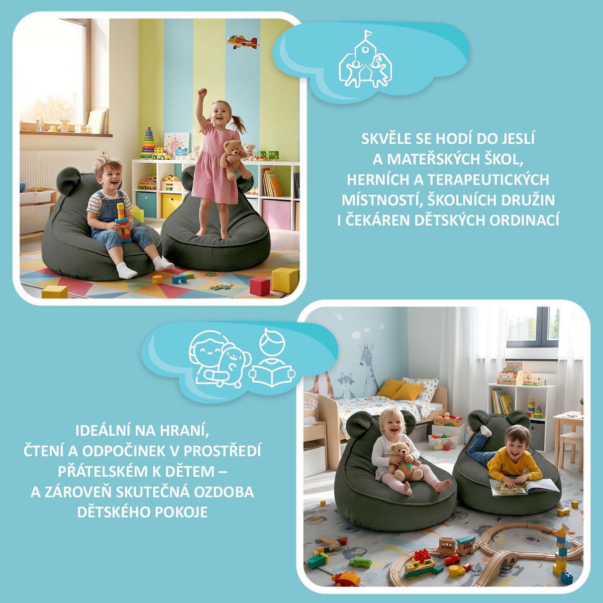 SITZSACK FÜR KINDER Maus 75/75/55 cm, weicher Bouclé 315 g/m², abnehmbarer Bezug, Forest Whisper - Dunkelgrün, Textil (75/55/75cm) - Dreamroots