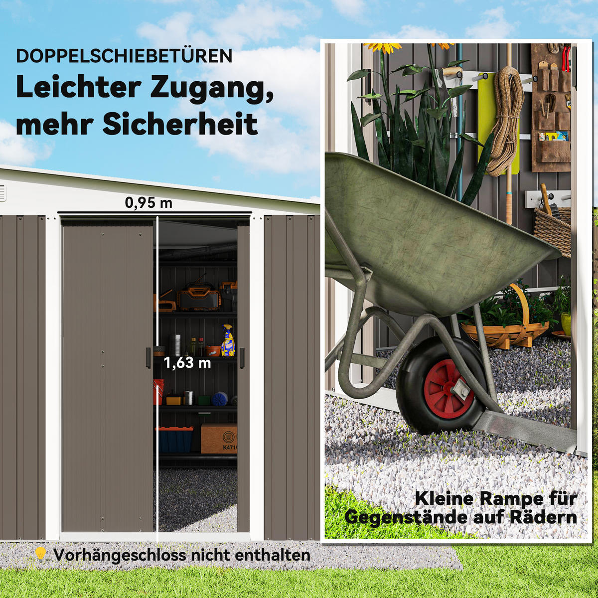 8,9 ㎡ Gerätehaus Stahl-Geräteschuppen Gartenhaus mit Pultdach, Schiebetür, Grau - Grau, Metall (345/201/280cm) - Outsunny