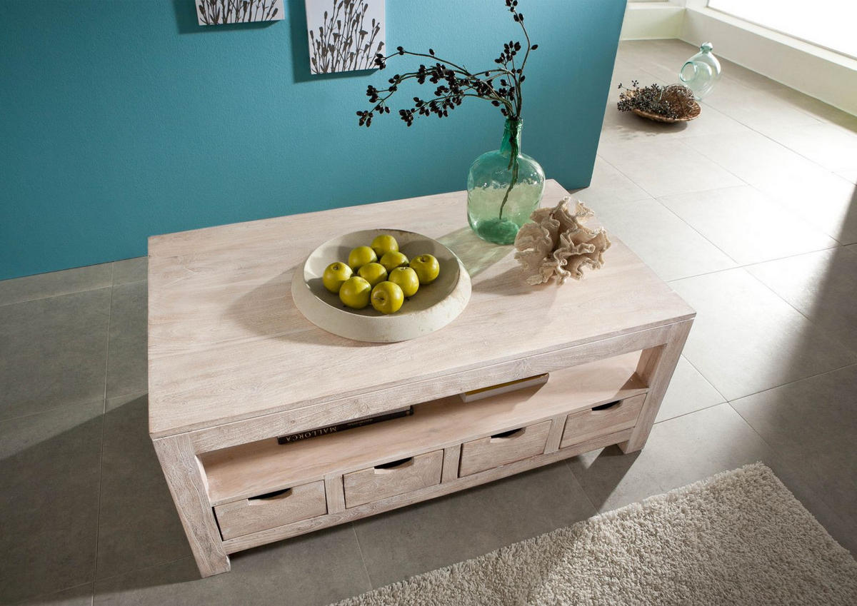 COUCHTISCH Akazie 120x70x50 white stone getüncht NATURE WHITE #33 - Beige, Holz (120/70/50cm) - Massivmoebel24