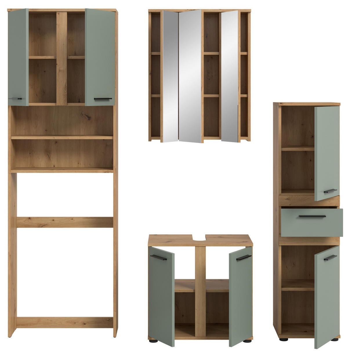 BADMÖBEL-SET 4-teilig Salbei grün, Artisan Eiche 192 cm, Komplett-Set modern - Salbeigrün/Schwarz, Glas/Holzwerkstoff (192/191/34cm) - Inn.Furn