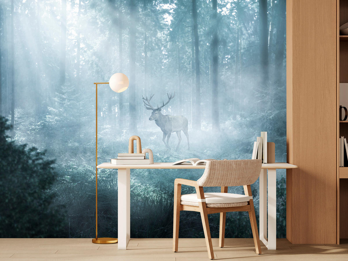FOTOTAPETE für Wohnzimmer Hirsch Nebelwald Bäume Pflanzen 250x175 - Weiß/Grau, Papier (250/175cm) - Muralo