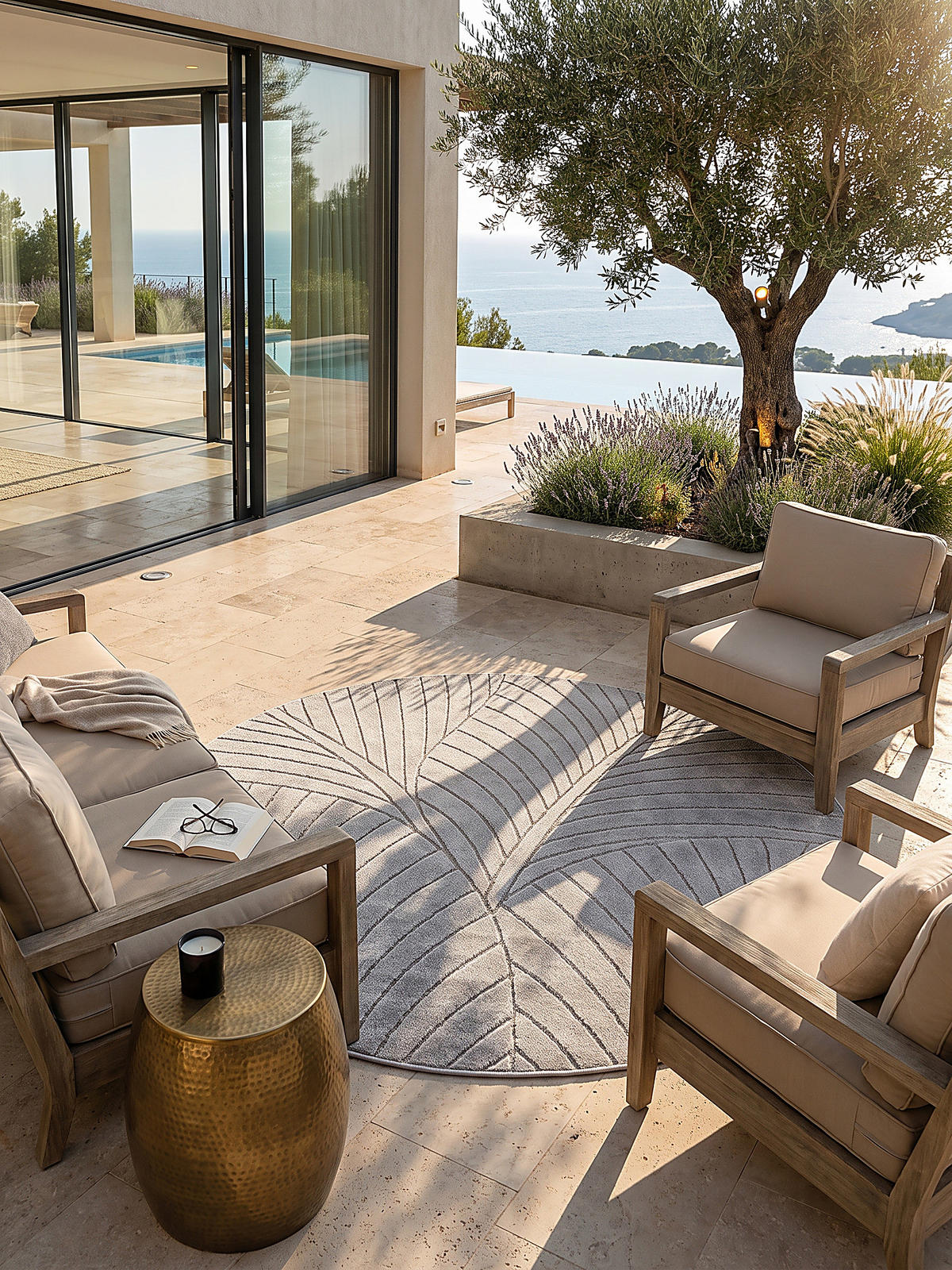 TEPPICH Outdoor, Fußbodenheizung-geeignet, mit Blattmotiv, ENGADIN in Silbergrau, Ø 200 cm - Grau, Textil (200/200cm) - KADIMA DESIGN