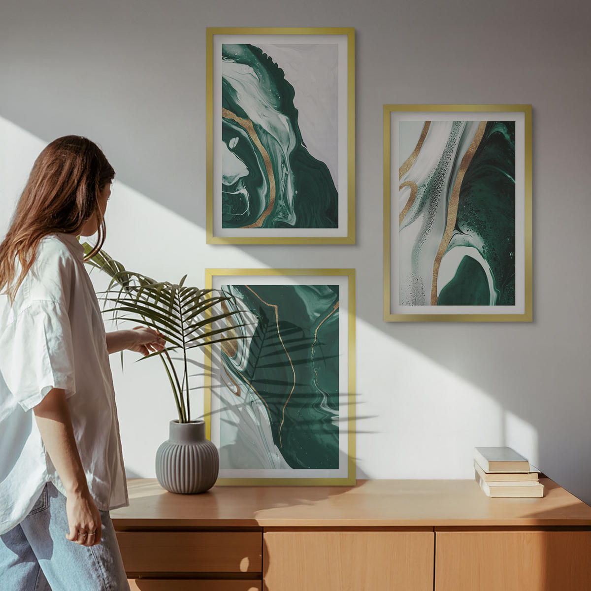 BILDER SET 3er Set - 40x60 cm Goldrahmen - Abstrakte grüne Farbmuster - Goldfarben, Kunststoff (40/60cm) - TULUP