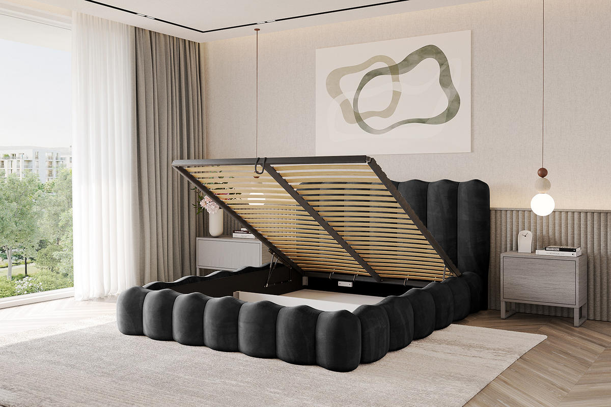 POLSTERBETT mit Bettkasten und Lattenrost, Bett mit Matratze H3/H4 - SORA 160x200 Schwarz - Schwarz, Holzwerkstoff/Textil (160/200cm) - ALTDECOR