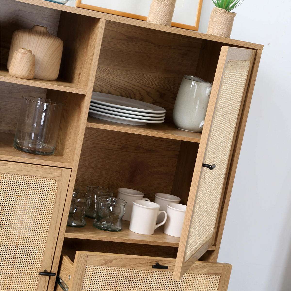 HOHE Buffetschrank mit Rattanfronten - L100 x H120 cm - JAYA - Apfelbaumfarben, Holzwerkstoff (40/120/100cm) - Calicosy