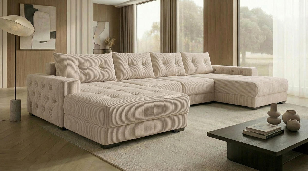 ECKSOFA MODENA 320 cm x 185 cm – Stoff: ZOOM 02 Farbe: Beige - Beige, Textil (320/185cm) - A&J MöbelLand