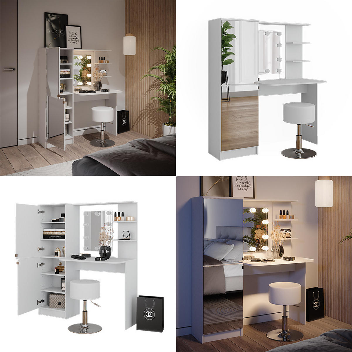 SCHMINKTISCH Weiß 123 cm mit LED-Beleuchtung und Hocker - Weiß, Holzwerkstoff (123/141.2/33cm) - Vicco