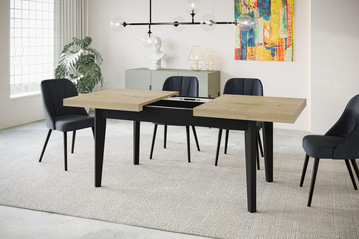 ESSZIMMERTISCH SKANDI, ausziehbarer Tisch: 120-160X80X78 cm, Farbe: HALIFAX, mit Holzbeinen in Farbe Schwarz - Schwarz/Naturfarben, Holzwerkstoff (120/80/78cm) - Alpi-Möbel