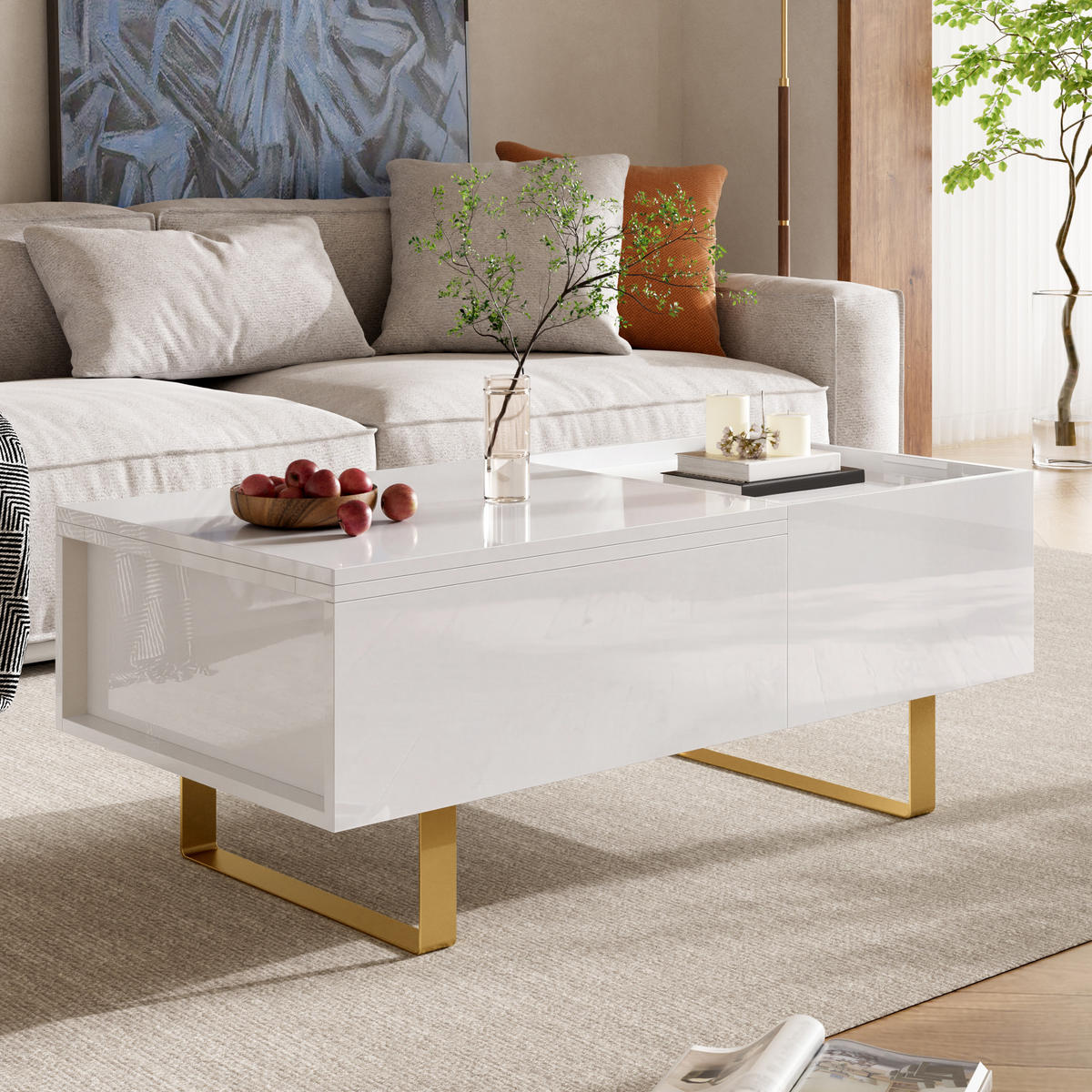 COUCHTISCH Höhenverstellbar MDF Hochglanz Schublade - Weiß, Holzwerkstoff (50/100/54.5cm) - FLIEKS