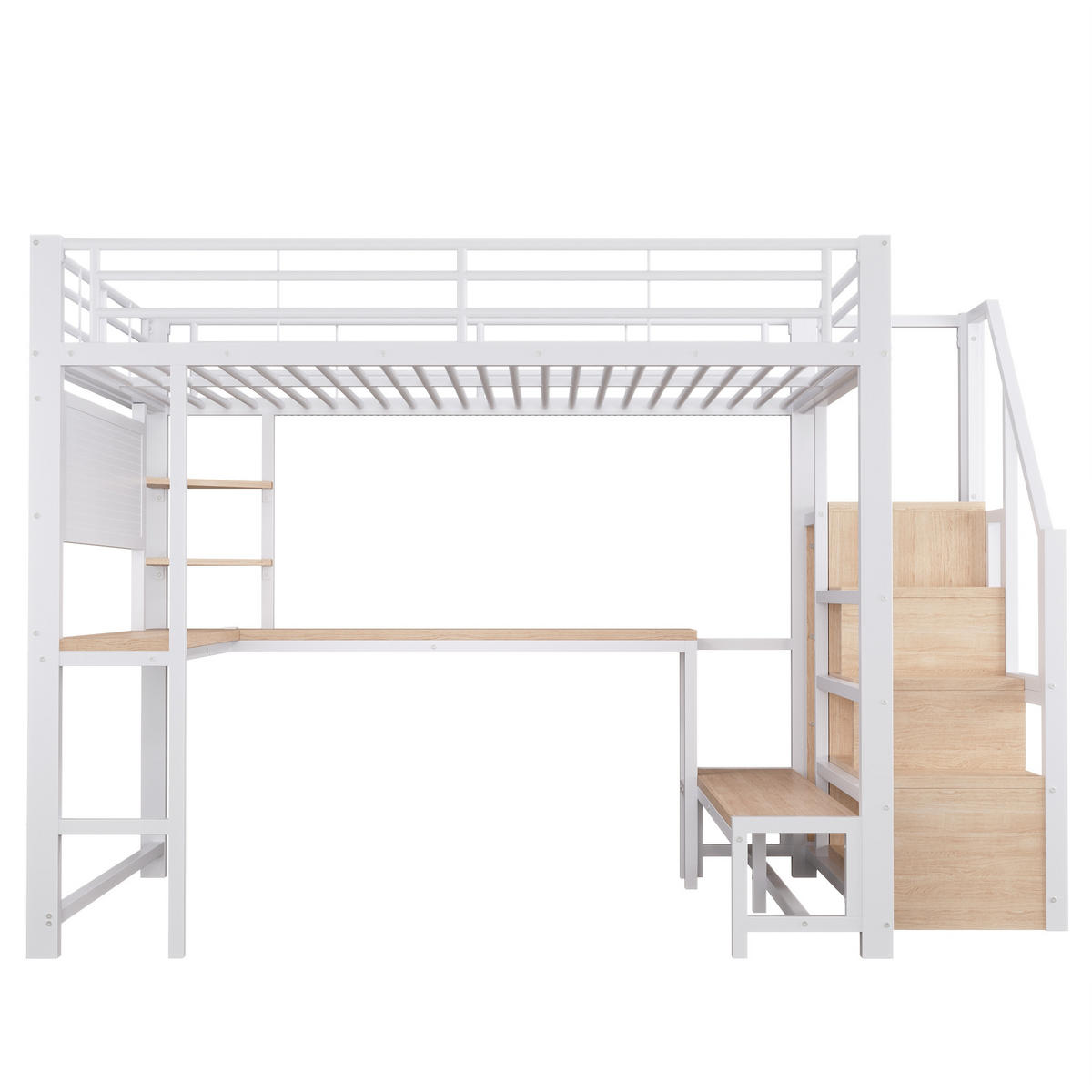 HOCHBETT 140/200 cm Weiß mit Schreibtisch, trapezförmiger Schrank und LED-Beleuchtung - Weiß, Metall (140/200cm) - Oxeza