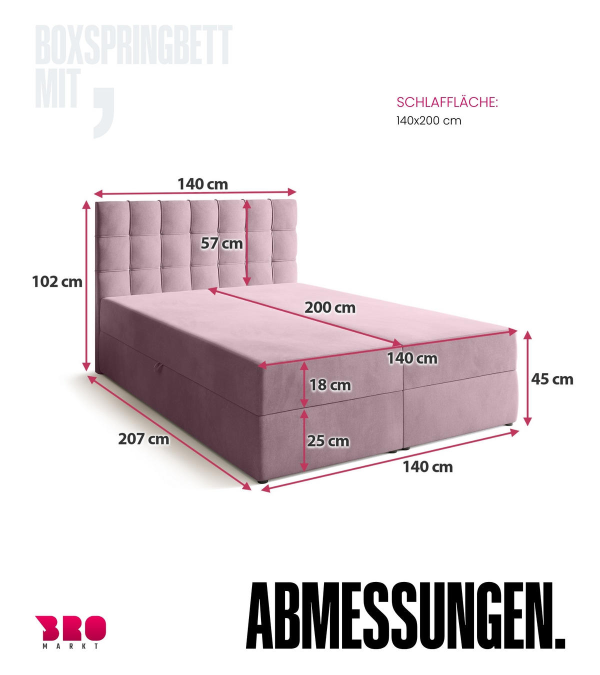 BOXBETT Detroit mit Topper 140/200 Rosa - Rosa, Holzwerkstoff/Textil (140/200cm) - Bromarkt