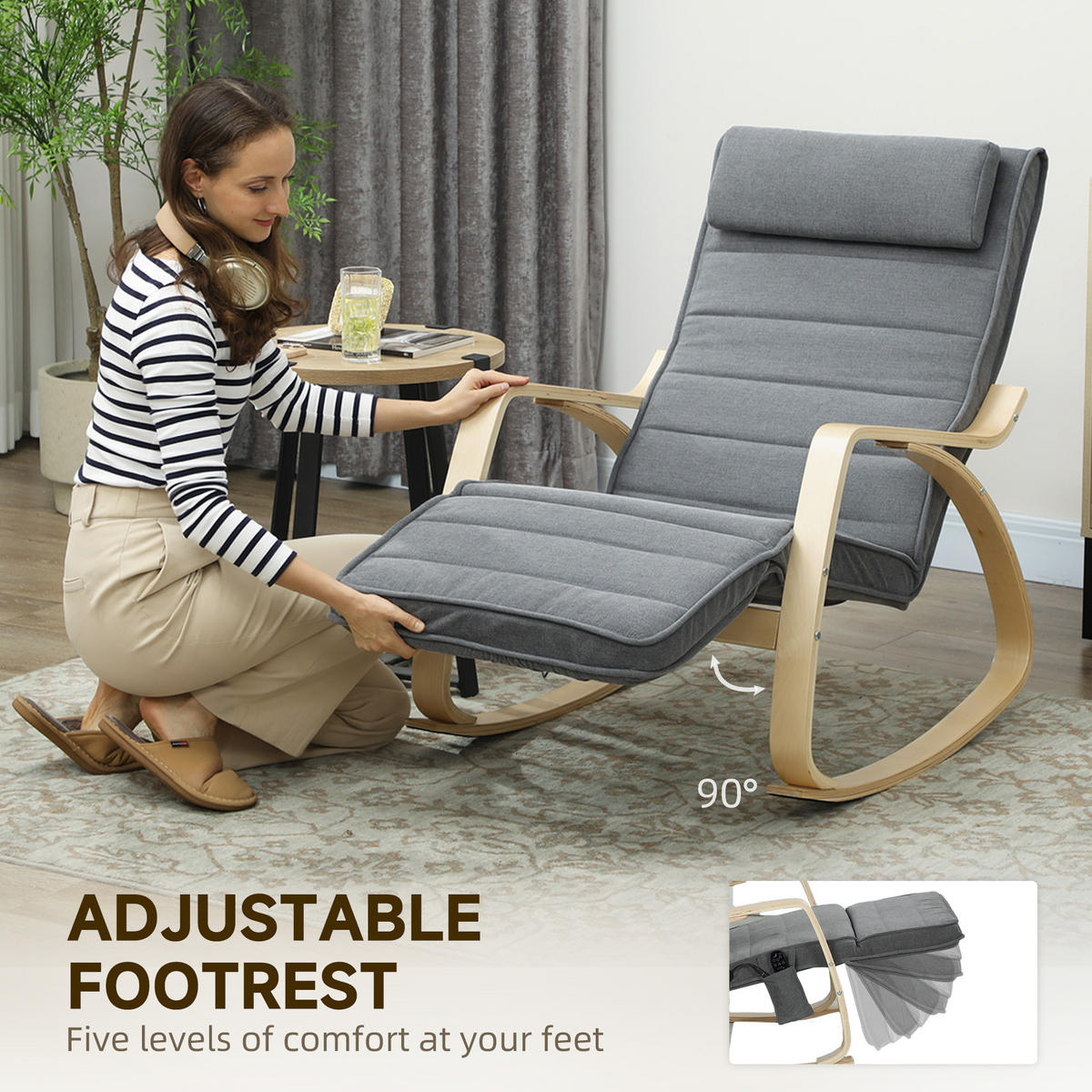 SCHAUKELSTUHL Schaukelsessel mit Massagefunktion, Kopfstütze, Fußstütze, Grau - Naturfarben/Grau, Holz/Textil (67/92/106cm) - HOMCOM