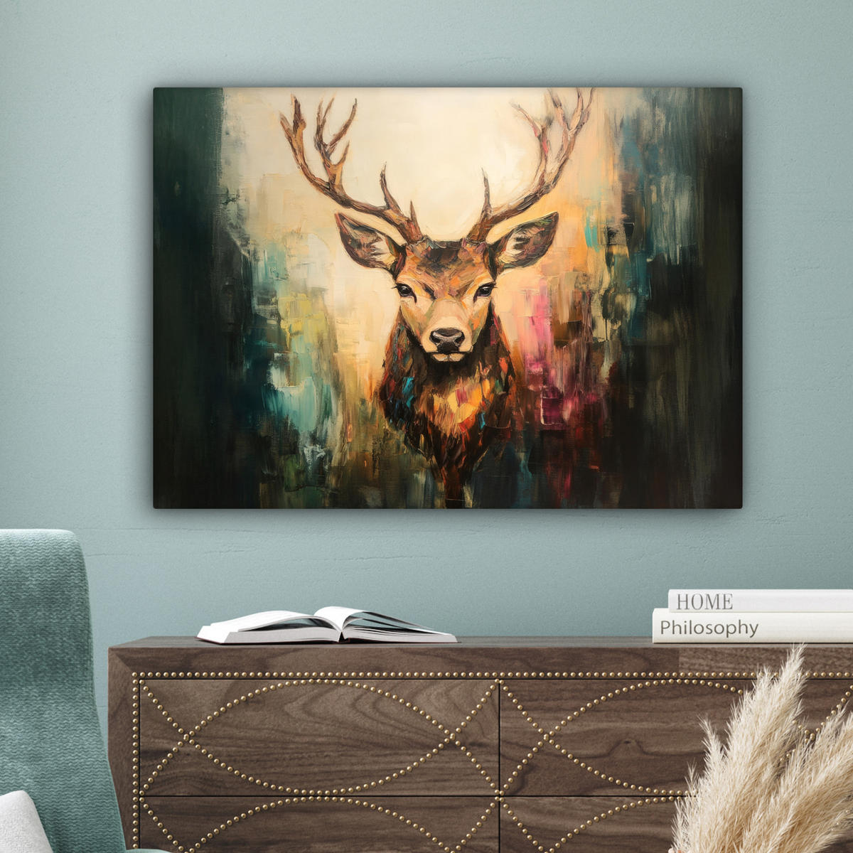 OBRAZ NA PLÁTNĚ Jelen - malovaný - paroží - hnědé 80x60 cm - barva lískového ořechu, textil (80/60cm) - MuchoWow