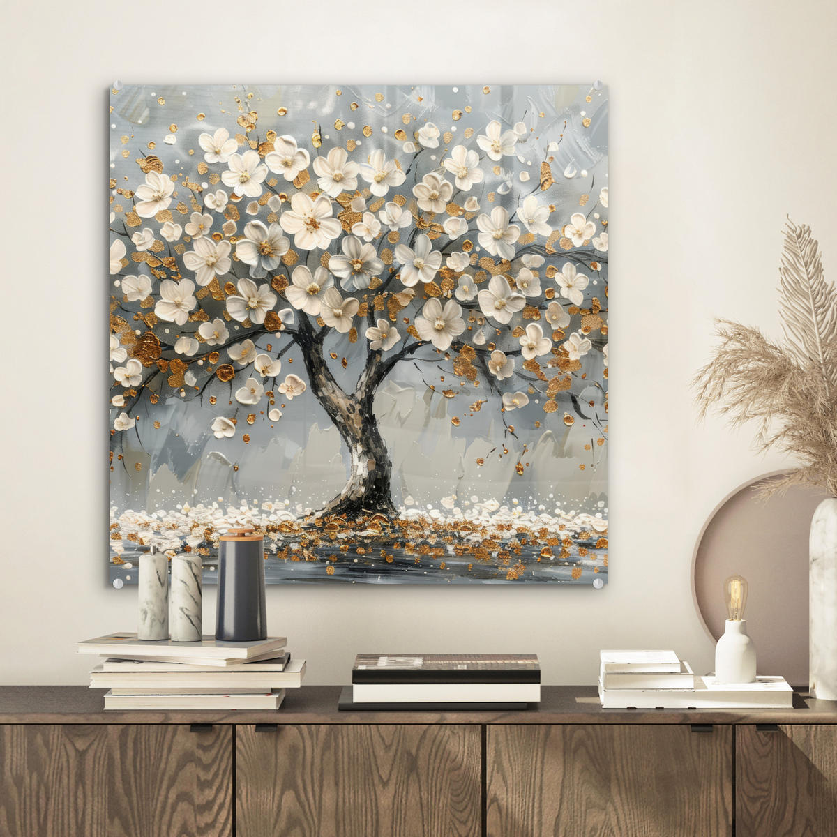 ACRYLGLASBILD Baum - Blumen - Weiß - Natur - Kunst 50x50 cm - Weiß, Glas (50/50cm) - MuchoWow