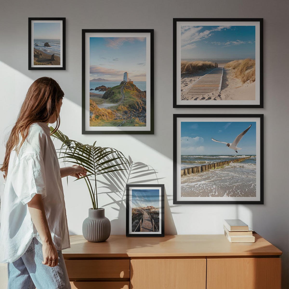 BILDER SET 5er Set - 50x50 cm & 20x30 cm & 40x60 cm Schwarzer Rahmen - Palmen am Meer, blaues Wasser - Schwarz, Kunststoff (40/60cm) - TULUP