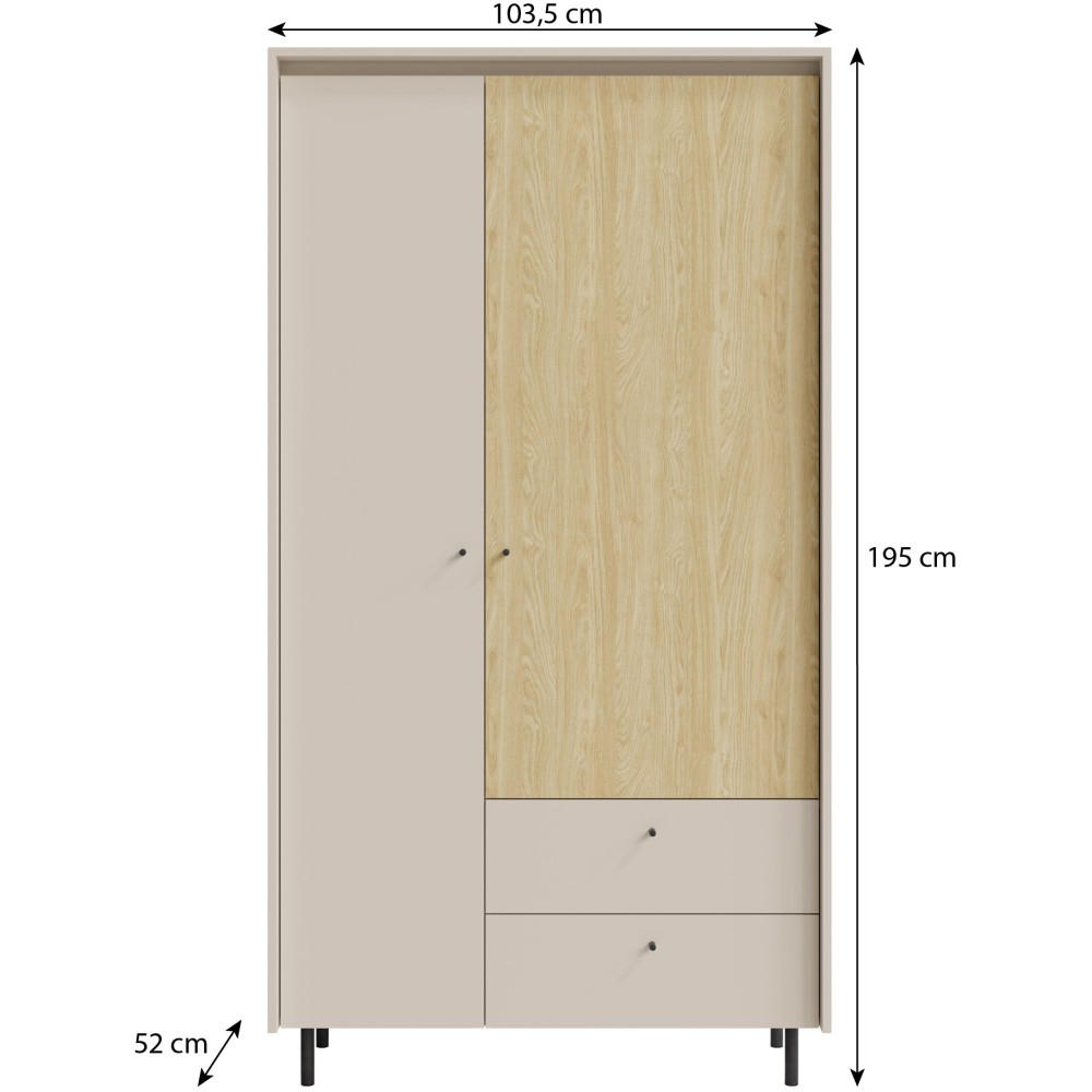 DREHTÜRENSCHRANK Monako mit 2 Schubalde und 2 Türen - Eichefarben/Beige, Holzwerkstoff/Metall (103/195/52cm) - Beautysofa