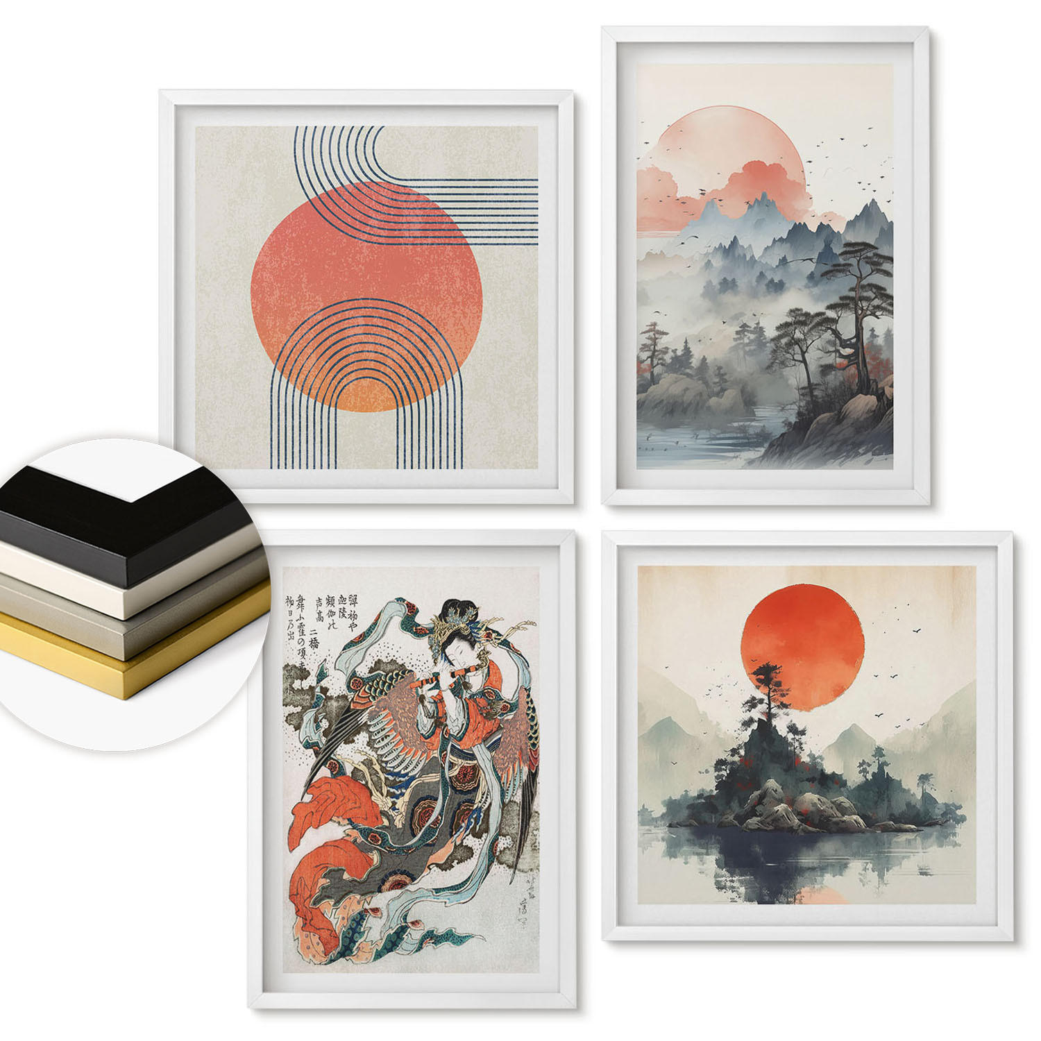 WANDBILDER 4er-Set - 50x50 cm & 40x60 cm Weißer Rahmen - Asiatische Landschaften Japandi - Weiß, Kunststoff (50/50cm) - ArtPrintCave