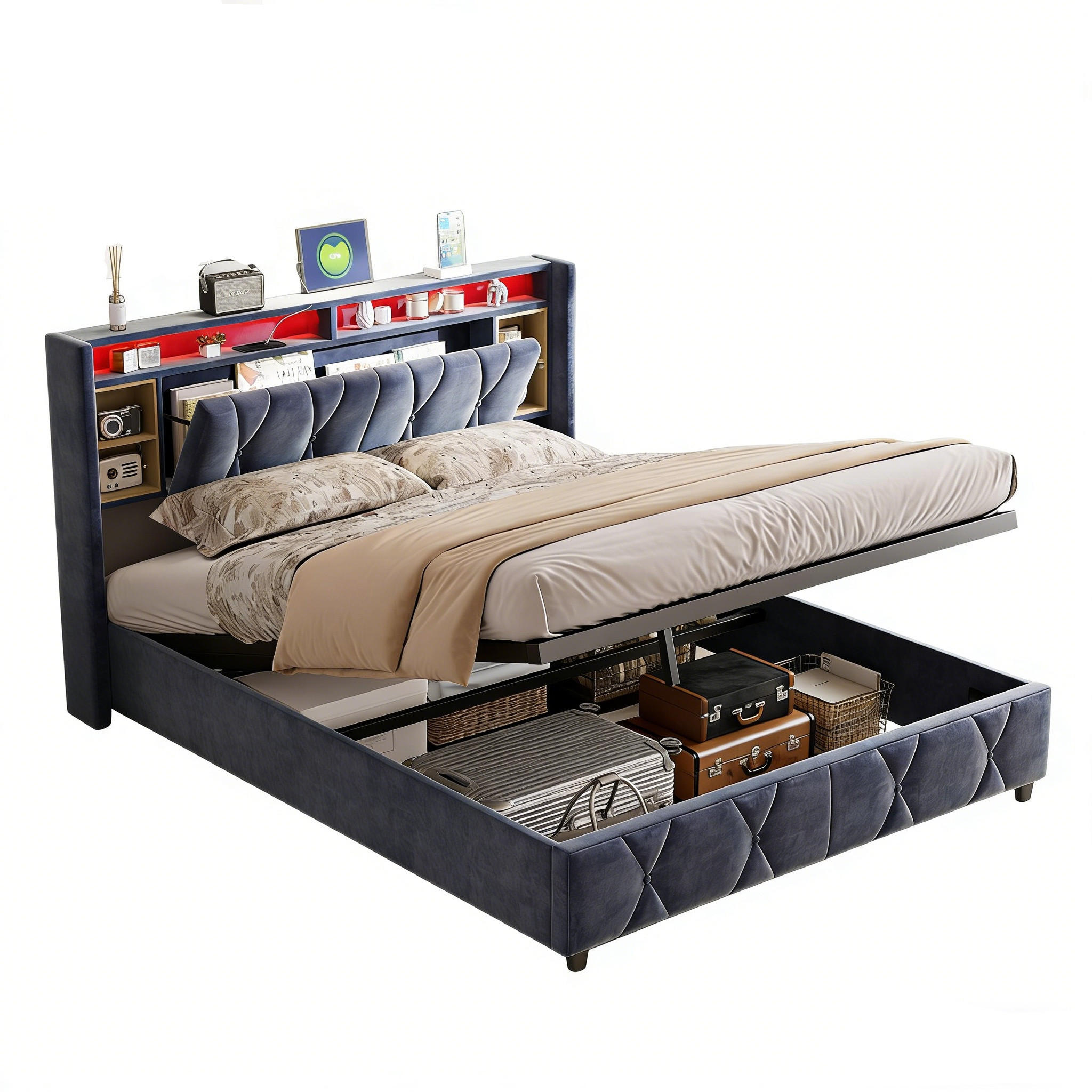 POLSTERBETT 140x200 cm Samt Grau mit Stauraum Kopfteil - Grün, Holz (140/200cm) - PARAFTA HOME