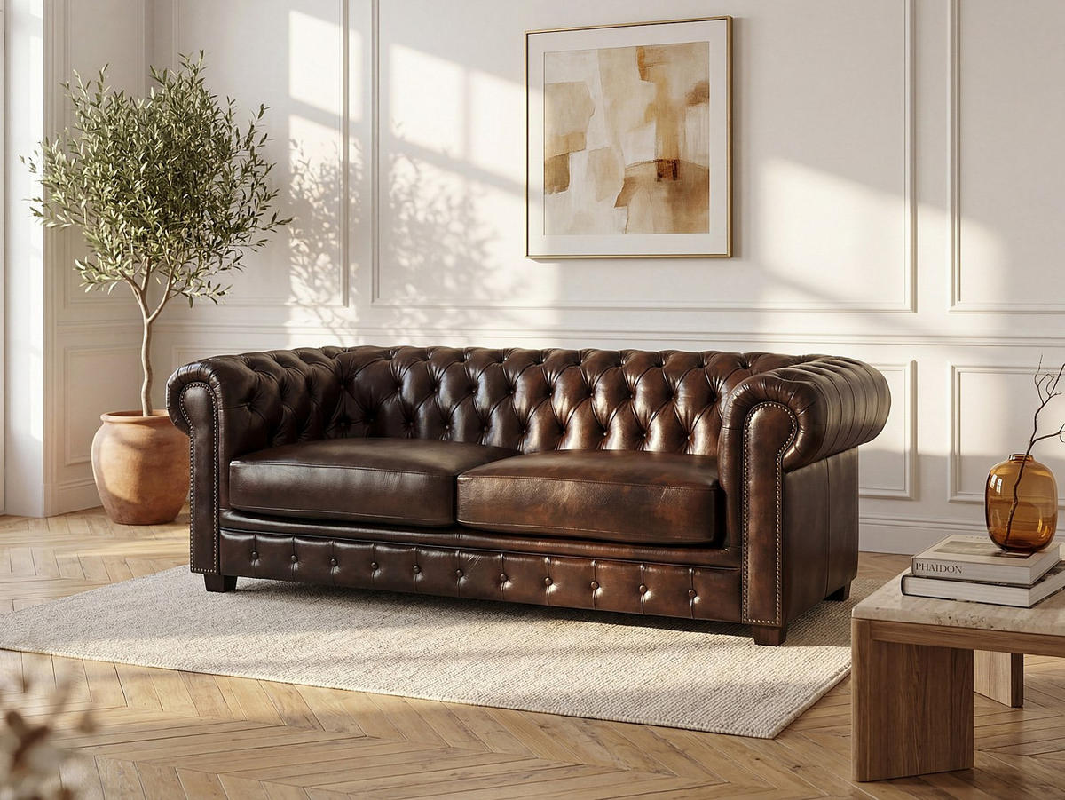SOFA - 3 Personen - leder - schokoladenbraun Brenton - Dunkelbraun, Leder/Holz (201/73/96cm) - Vente-Unique