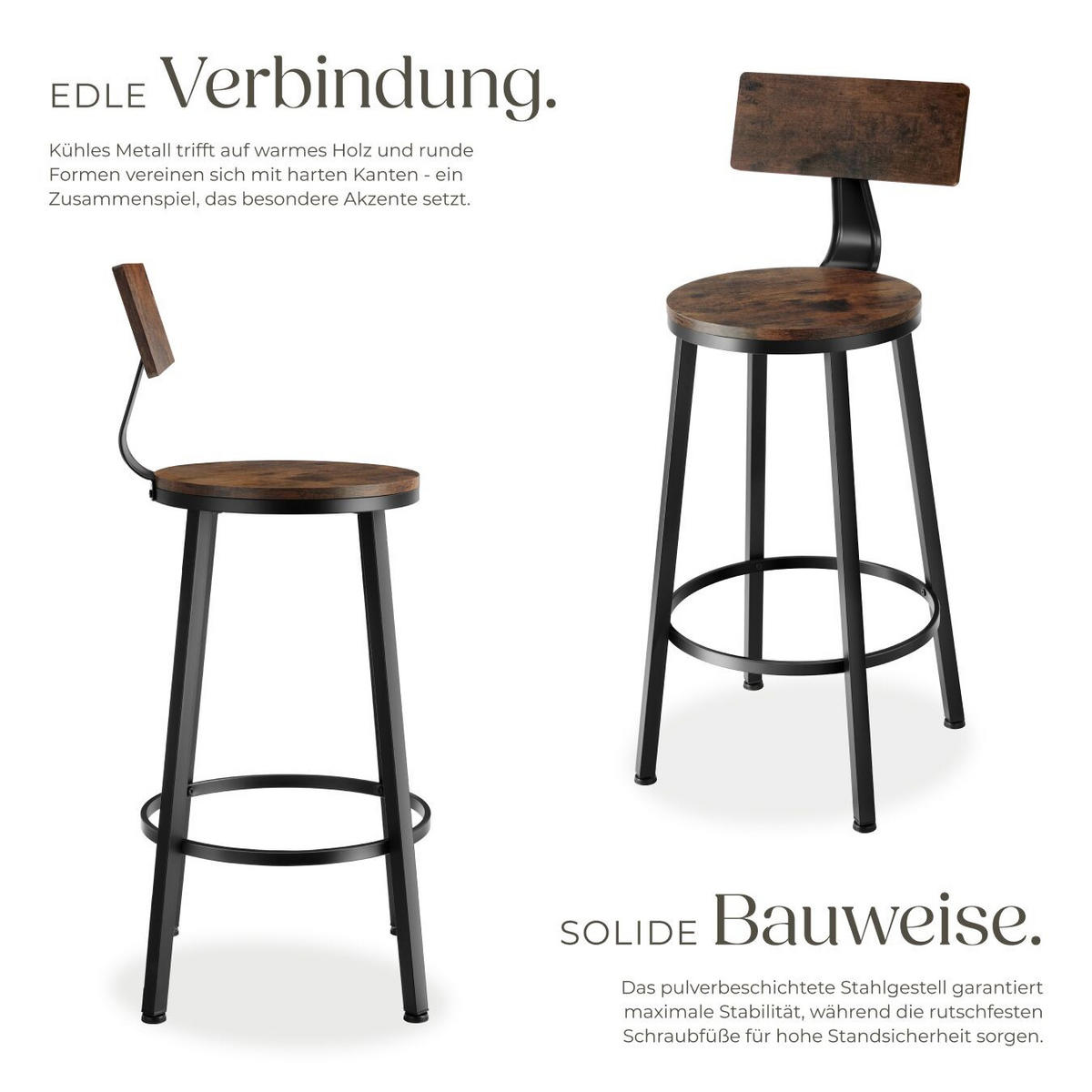 BARHOCKER 2er Set Poole,Sitzhöhe 74 cm,Industrial Holz dunkel - Rostfarben, Holzwerkstoff/Textil (46.5/104/46.5cm) - tectake