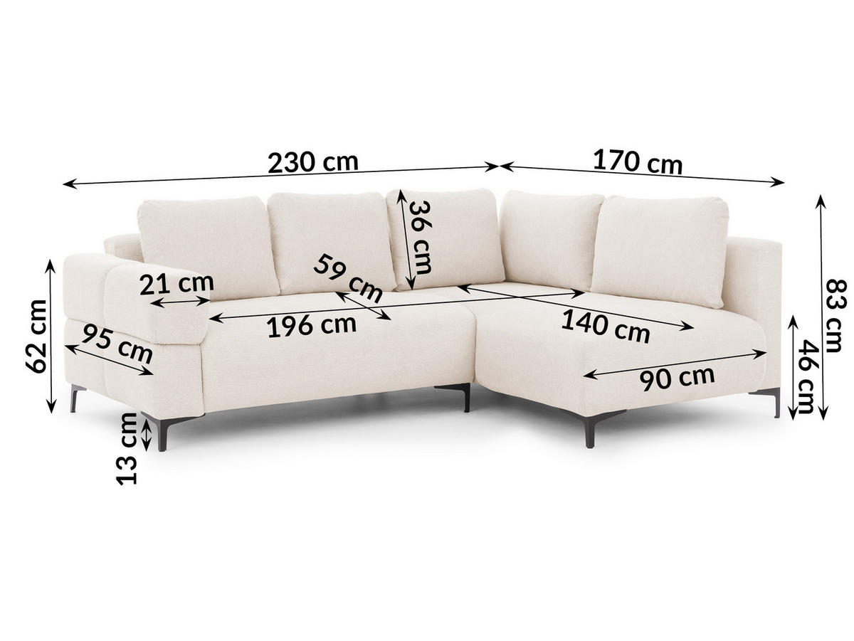 ECKSOFA inkl. Hocker Cardea mit Schlaffunktion in Bubble-Optik aus weichem Creme Strukturstoff und hohem Sitzkomfort - Ottomane rechts - Creme/Schwarz, Holz/Textil (230/170cm) - S-Style Möbel
