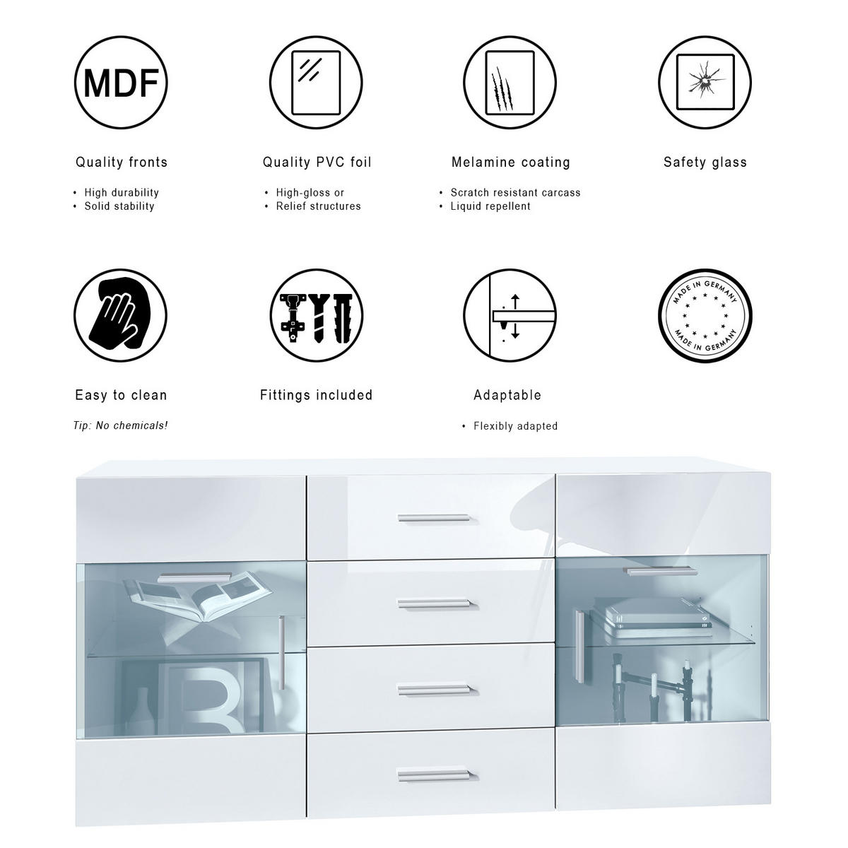 SIDEBOARD Carlos Sandgrau Hochglanz - Sandfarben, Holzwerkstoff (139/72/35cm) - Vladon