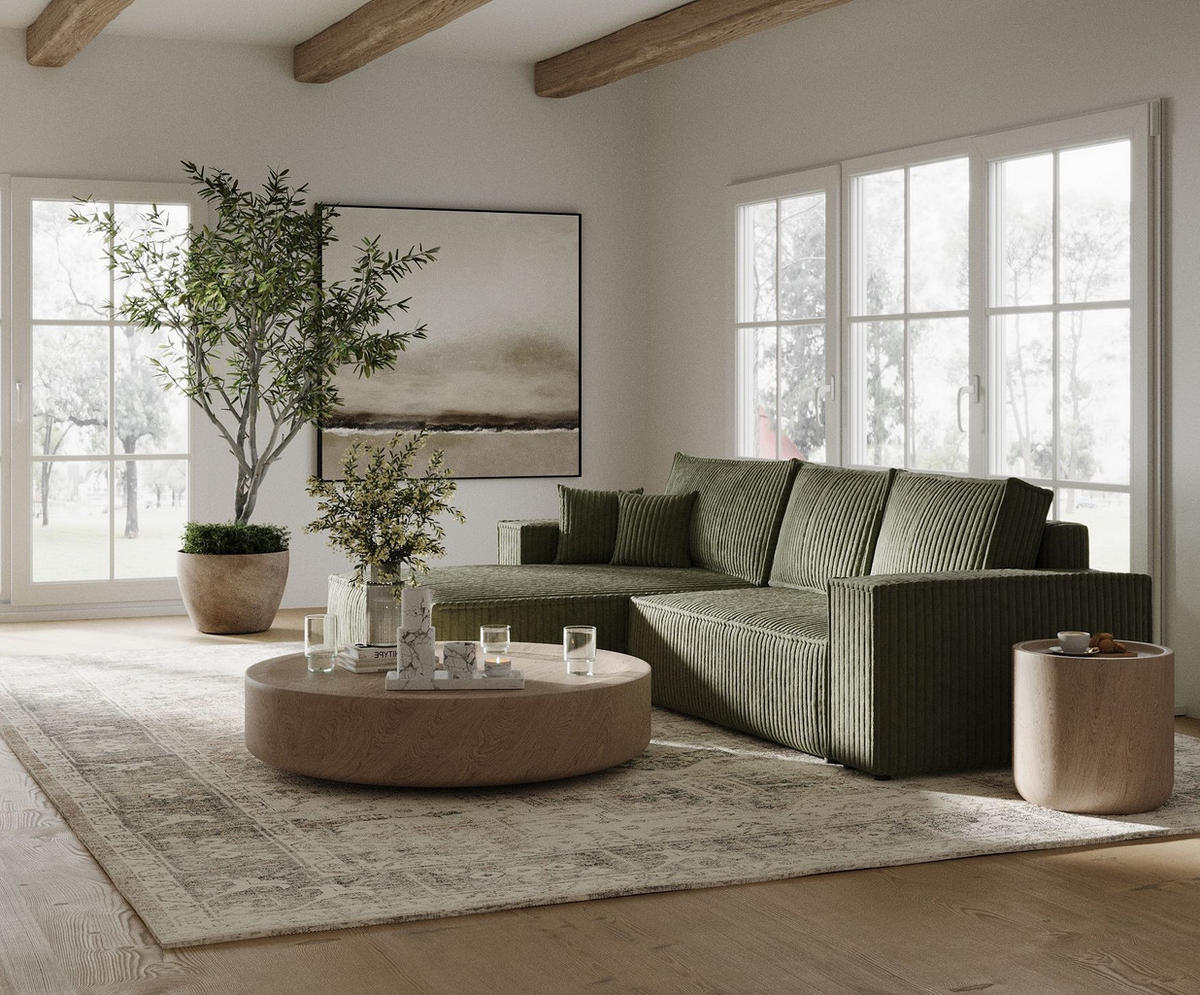 ECKSOFA Maze Grün Plüsch - Links Seite - Schwarz/Grün, Holz/Holzwerkstoff (185/294cm) - Maison de Reve