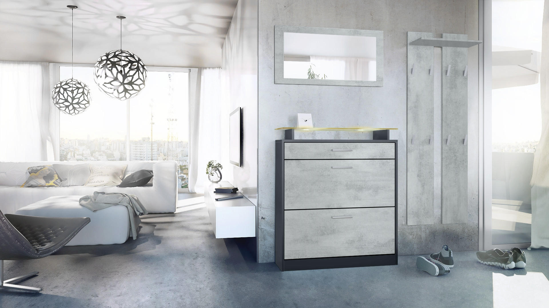 GARDEROBE Loret Front in Beton Oxid Optik - Hellgrau, Holzwerkstoff (180/200/23cm) - Vladon
