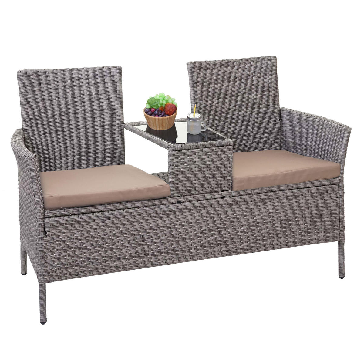 POLY-RATTAN SITZBANK MIT TISCH Hellgrau, Beige - Beige/Hellgrau, Kunststoff (132/84/55cm) - MCW