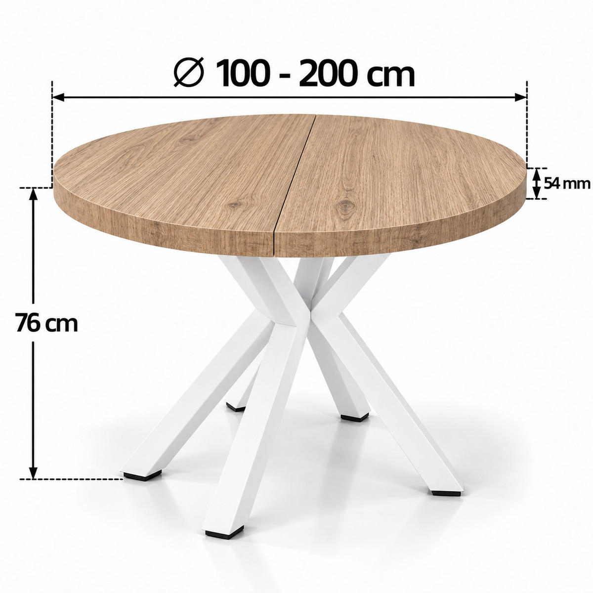 ESSTISCH rund ausziehbar 100-200/100/76 cm, Halifax Egger, 54 cm Tischplatte + Metall weiß - Eichefarben/Graubraun, Holzwerkstoff/Metall (100/200/76cm) - Damale Möbel