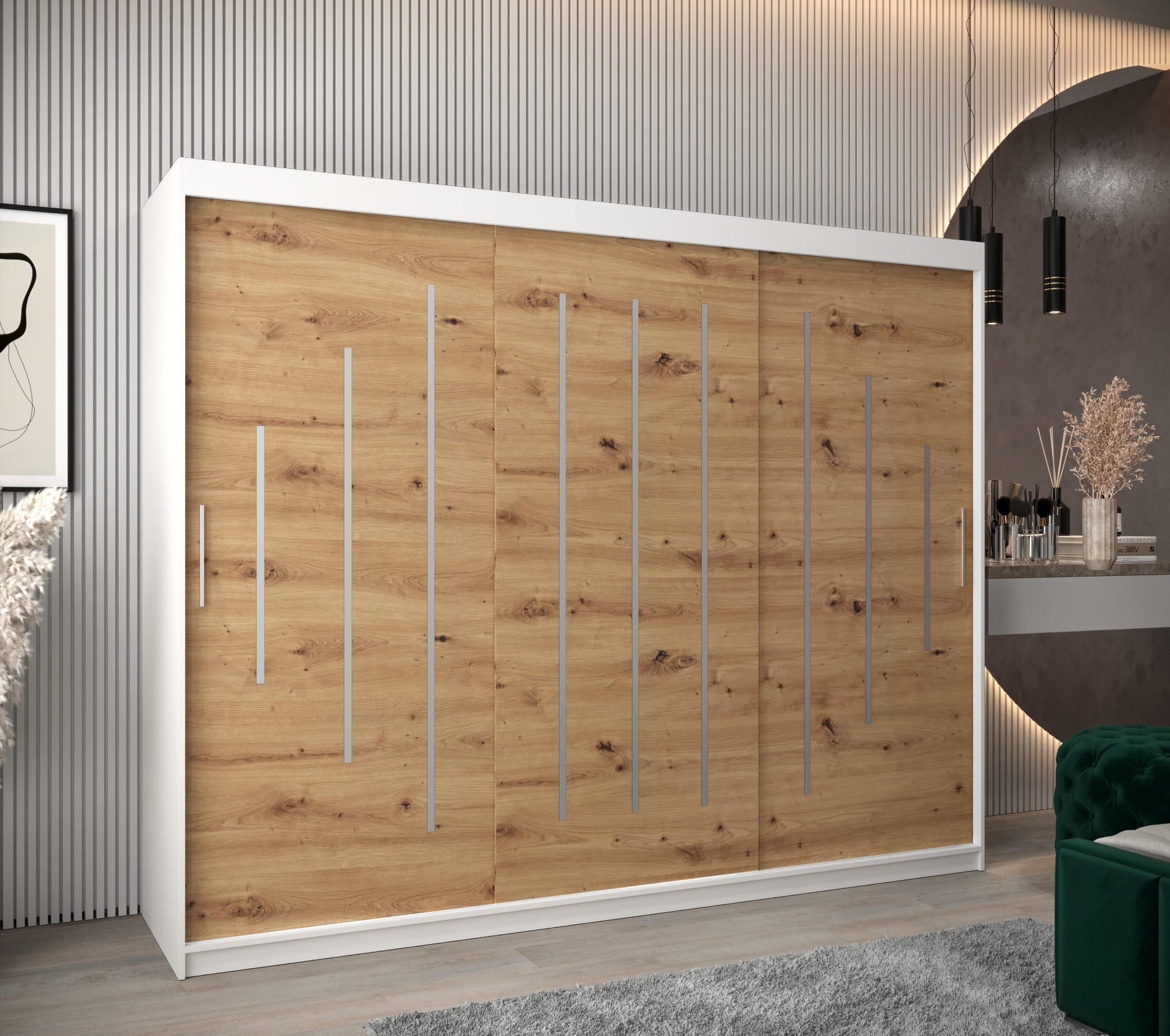 SCHWEBETÜRENSCHRANK 200/250/62 3-türig - Silberfarben/Eiche Artisan, Holz/Kunststoff (250/200/62cm) - Abiks Möbel