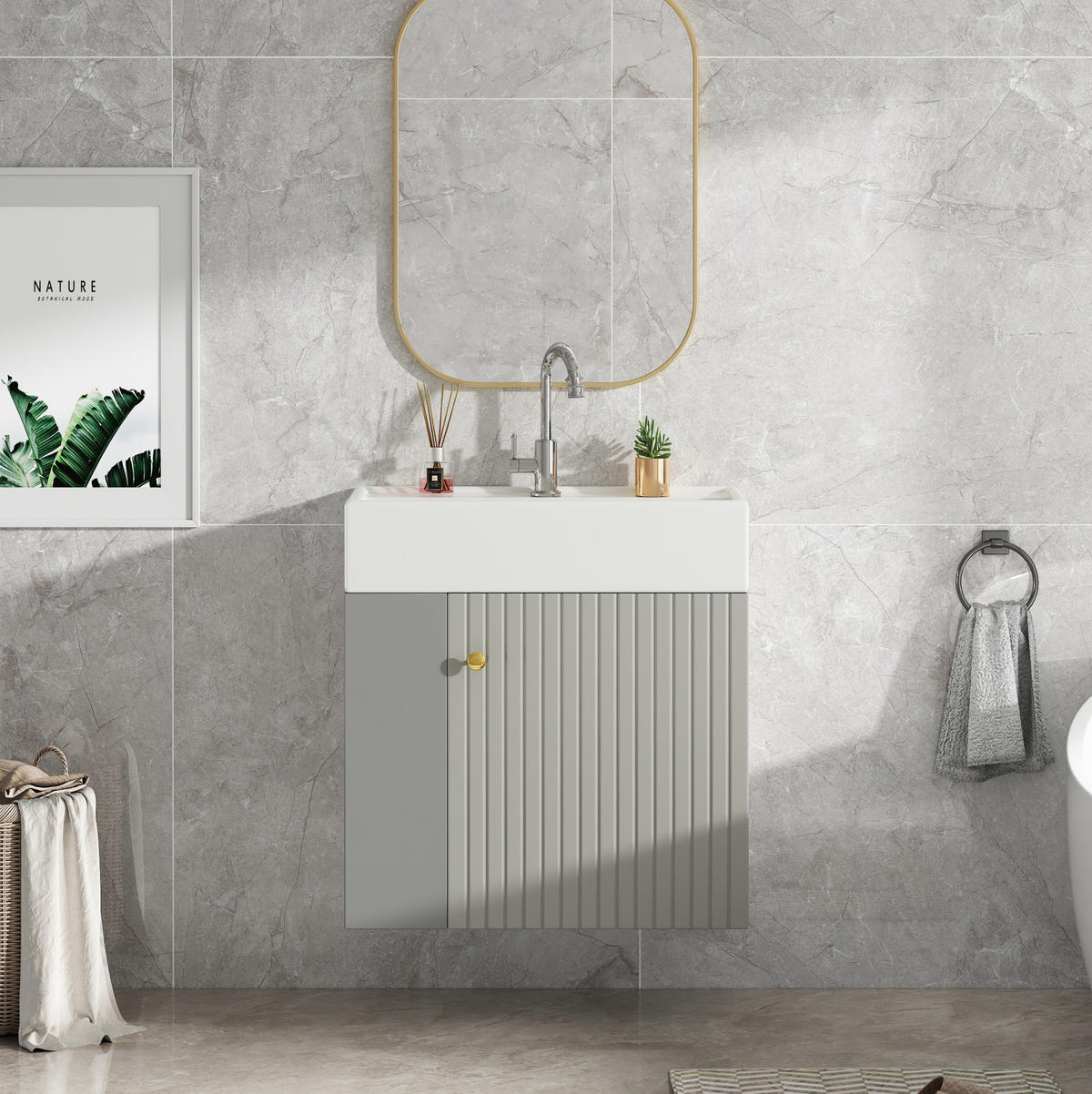 WASCHTISCHKOMBI 55 cm Grau/Weiß aus Spanplatte mit Keramikbecken und Soft-Close - Grau, Holzwerkstoff (55/66.5/31cm) - OKMYHOME