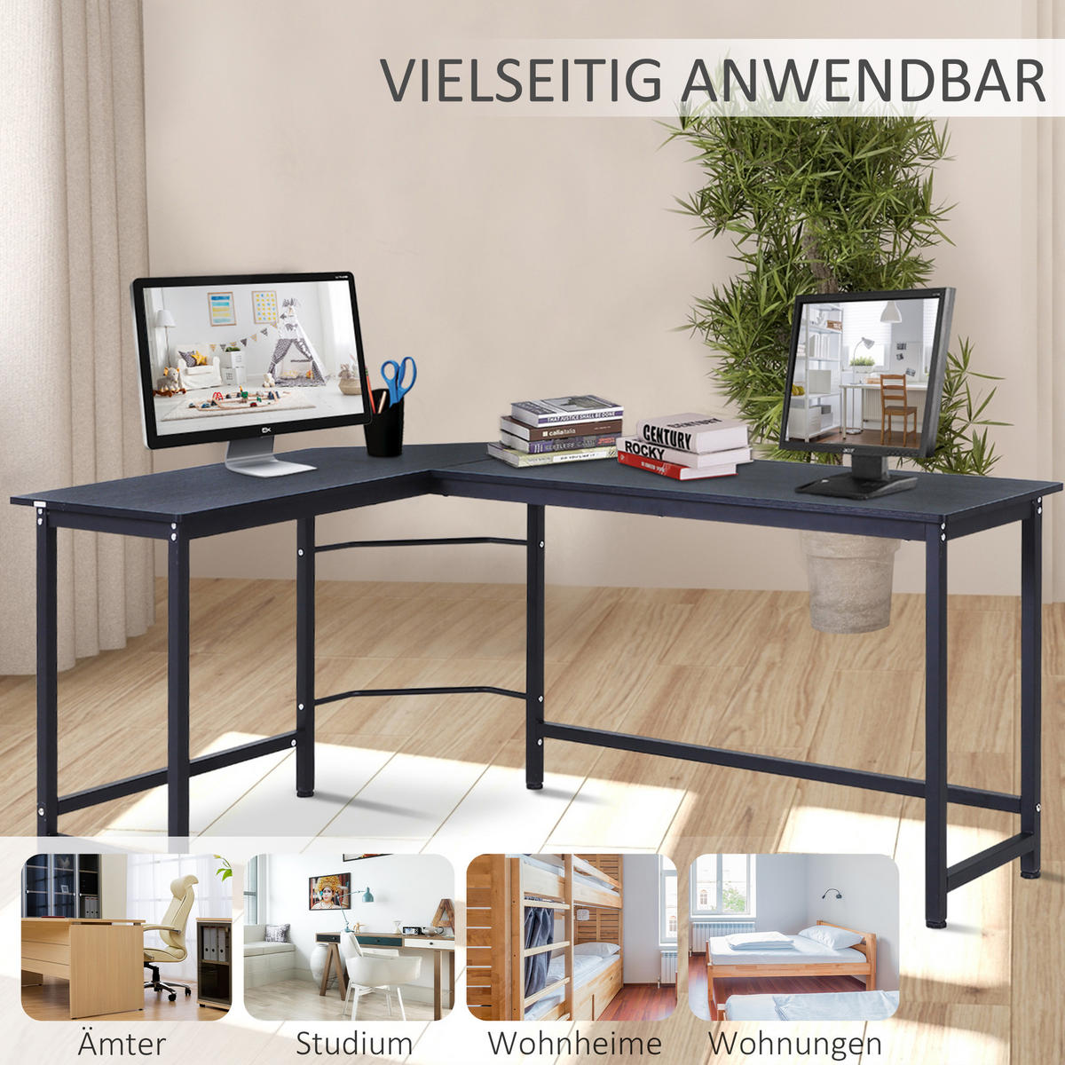 SCHREIBTISCH L-Form, Metall, Schwarz - Schwarz, Metall (168/120/75cm) - Vinsetto