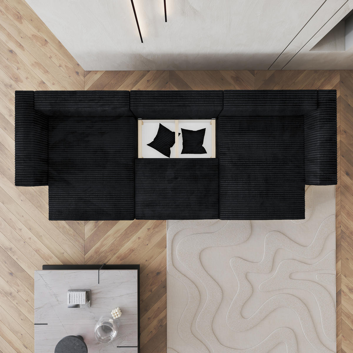 WOHNLANDSCHAFT SARMO Schwarz Kordstoff mit Schlaffunktion - Schwarz, Holz (347/90/148cm) - MASSENO