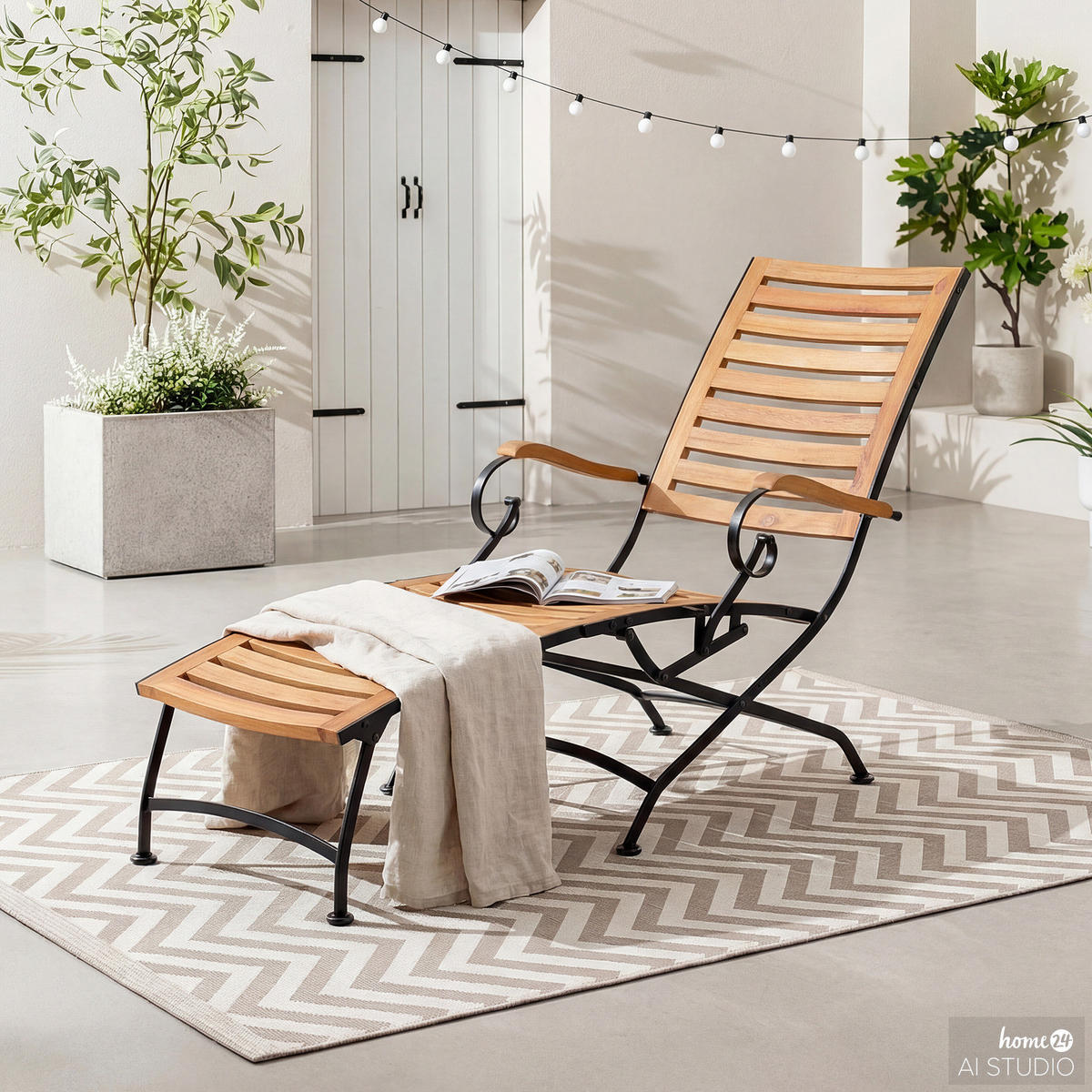 GARTENLIEGE - Akazie massiv / Stahl - Akazie / Schwarz - Schwarz/Akaziefarben, Holz/Metall (65/90/136cm) - home24