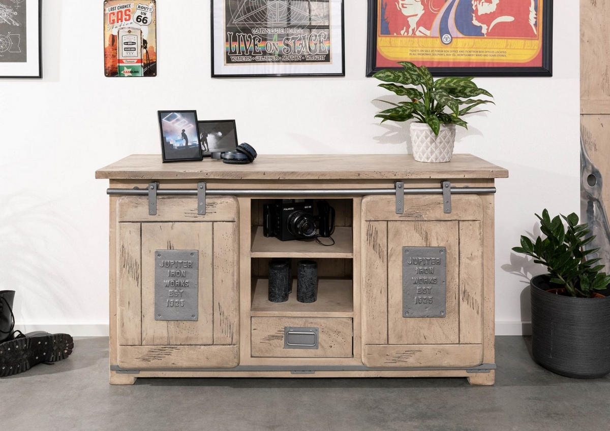 SIDEBOARD Mango 128x45x70 whitewash lackiert RAILWAY #302 - Beige, Holz (128/70/45cm) - Massivmoebel24